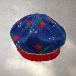 Vintage Oshkosh Beret Knit Hat Beanie Ruched Red Blue Floral Intarsia Made Korea